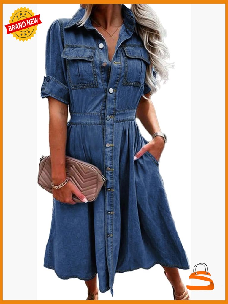 V Neck Short Sleeve Denim Shirt Dress A-Line Midi With Pockets